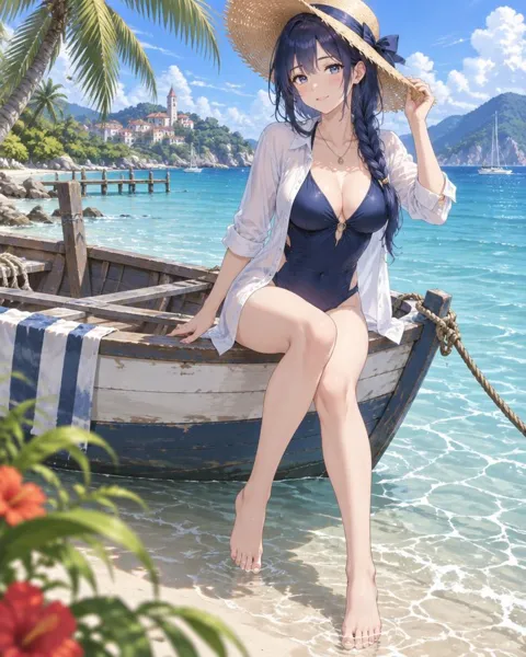 Nysolde, an adult anime companion sitting on the edge of a wooden boat moored in shallow water