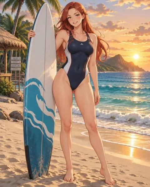 Selvaria, an adult anime companion standing on the sand with a tall surfboard at sunset
